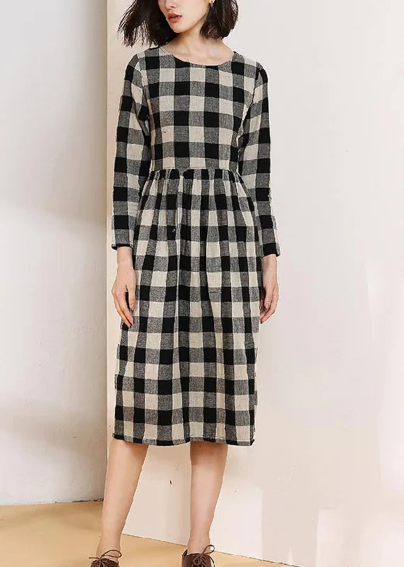 Vivid o neck cotton linen spring clothes Runway black plaid Dress A-line unclassified dresses