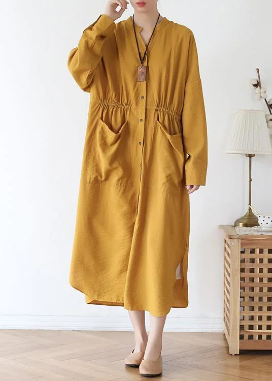 Vivid v neck pockets cotton spring tunic dress Sewing yellow Kaftan Dress Smocked unclassified dresses