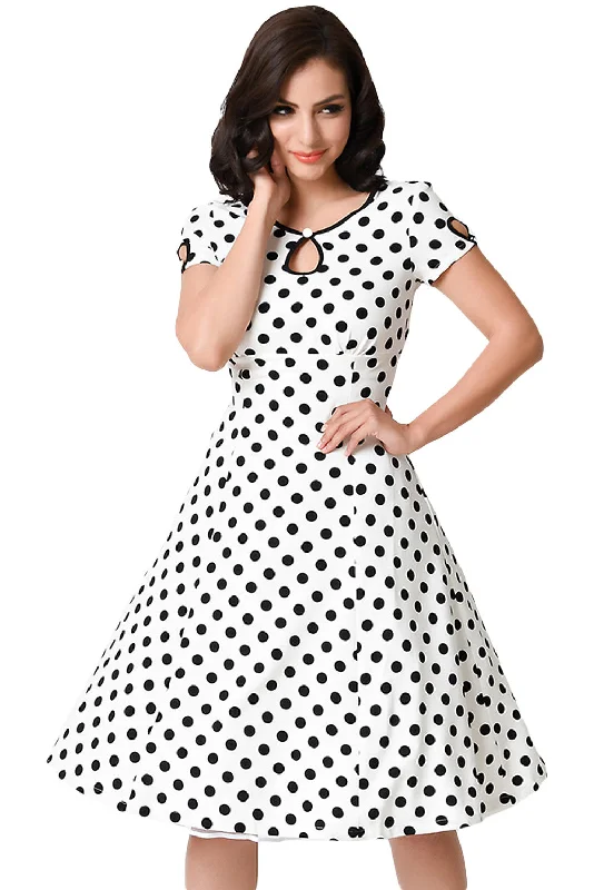 White & Black Dotted Cap Sleeve Swing Dress Holiday unclassified dresses