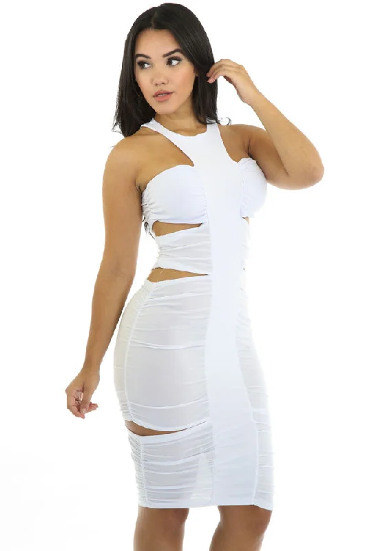 White Ruched Cutout Side Club Dress Sexy unclassified dresses