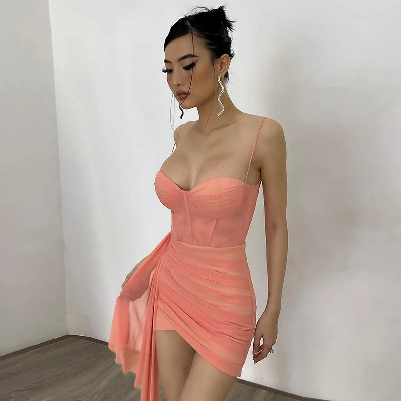 Winter Casual Pure Dress Sexy Drawstring Slim Fit Ribbon Pleated Ribbon Mesh Spaghetti Strap Dress Color block unclassified dresses