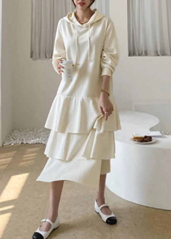 Women Apricot Hooded Patchwork Ruffled Cotton Dress Spring Budget-friendly unclassified dresses