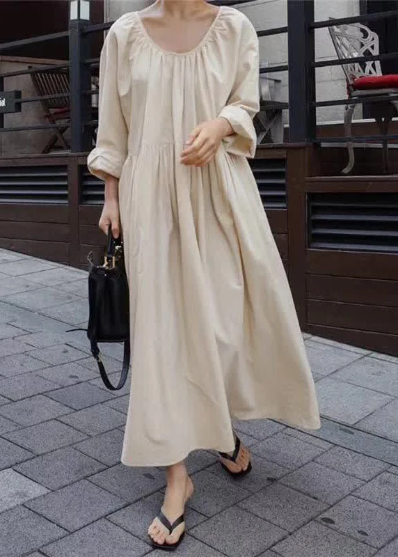 Women Apricot O Neck Wrinkled Patchwork Cotton Dresses Spring High-low unclassified dresses