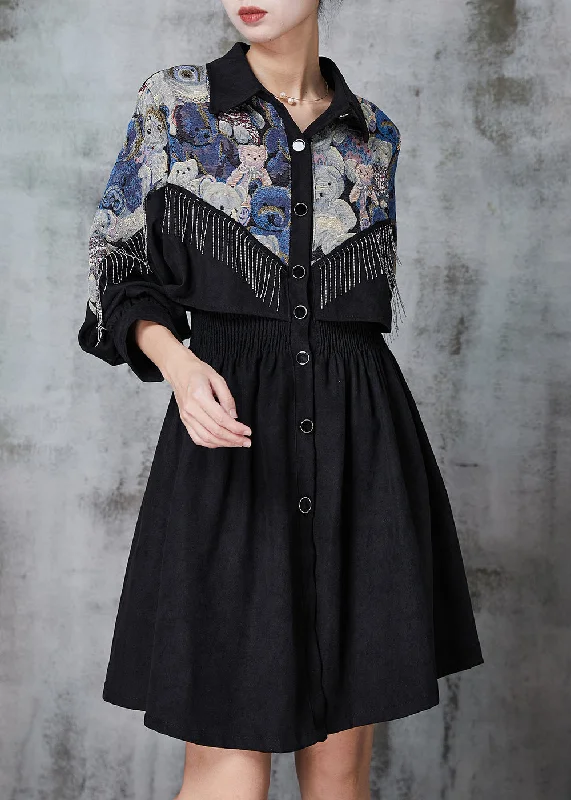 Women Black Tasseled Patchwork Cotton Dress Spring Mesh unclassified dresses