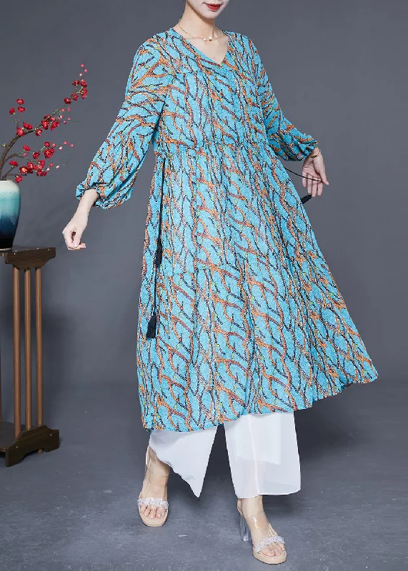 Women Blue Cinched Print Chiffon Holiday Dress Spring Club unclassified dresses