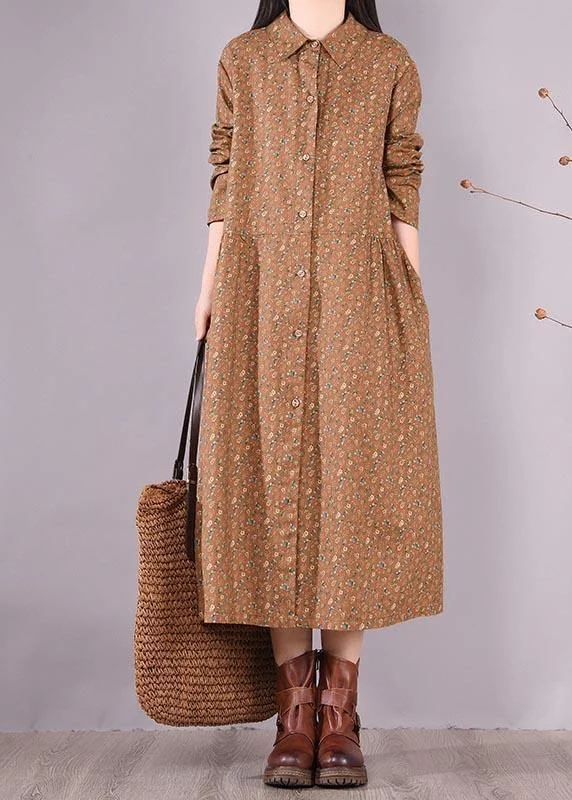 Women Chocolate Print Dress Lapel Button Down Daily Spring Dress Neutral tone unclassified dresses