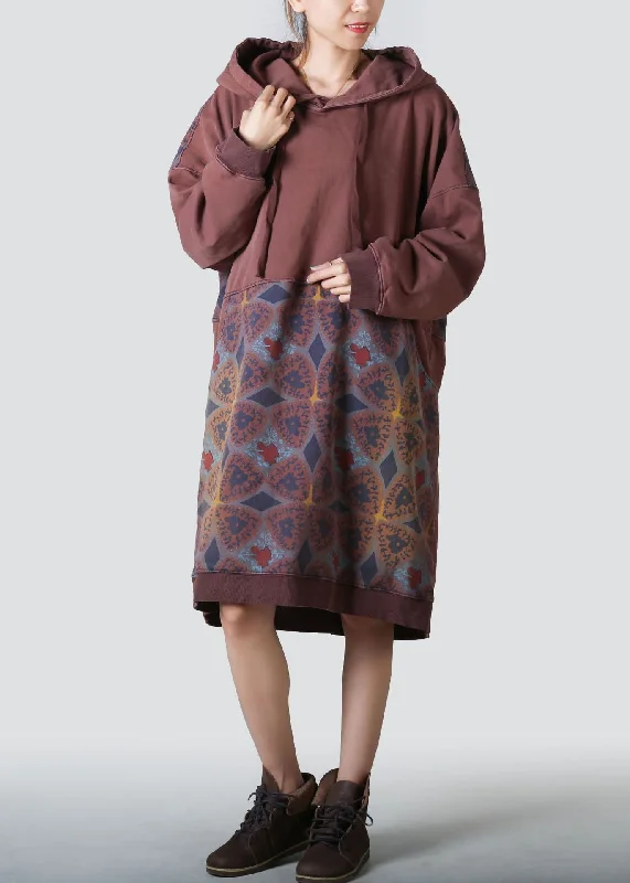 Women Coffee Hooded Patchwork Print Cotton Dresses Spring Earthy tone unclassified dresses