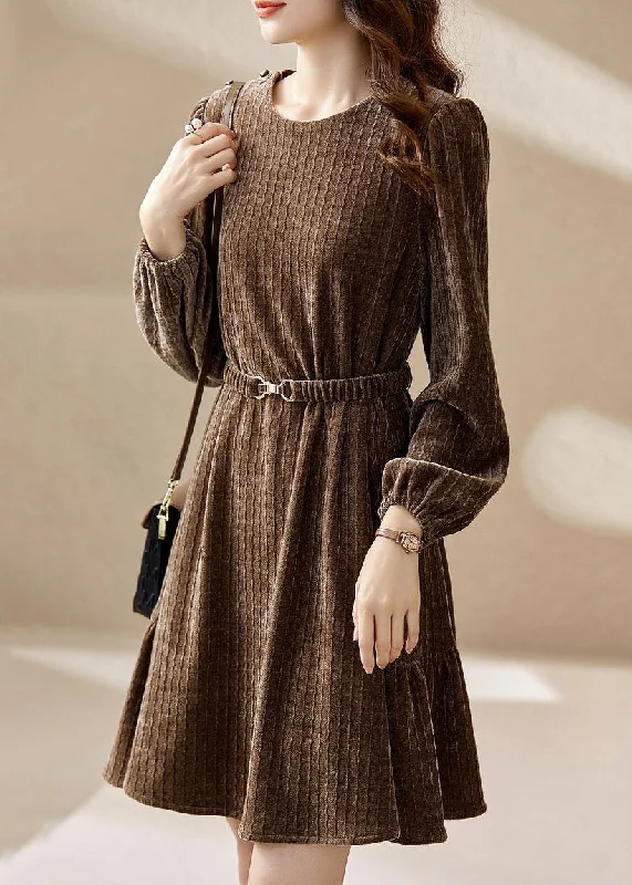 Women Coffee O Neck Sashes Patchwork Silk Velour Mid Dress Spring Polka dot unclassified dresses