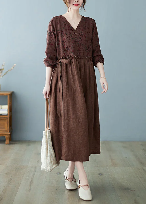 Women Coffee Ruffled Tie Waist Oriental Linen Dresses Spring Travel unclassified dresses