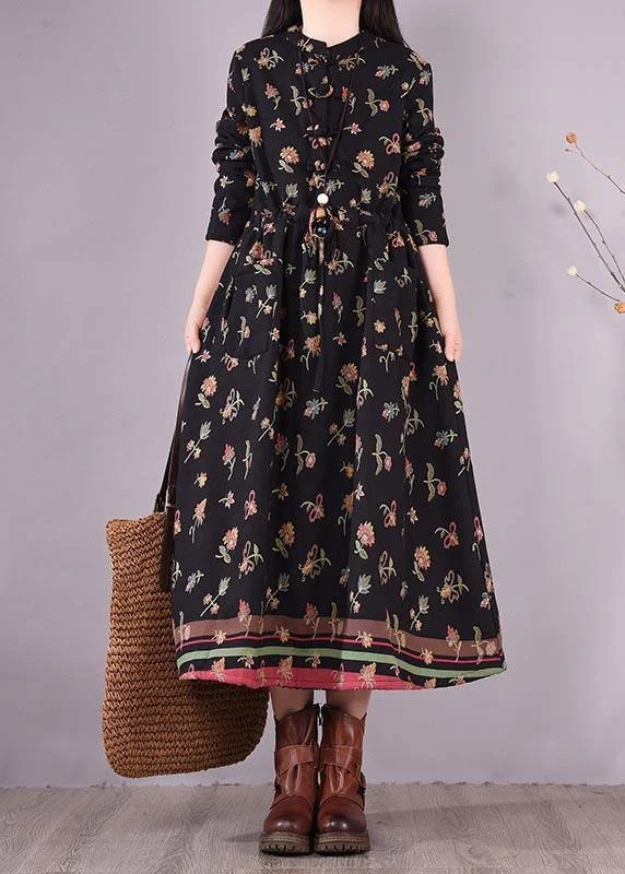 Women Drawstring Spring Tunics Black Print Art Dresses Summer unclassified dresses