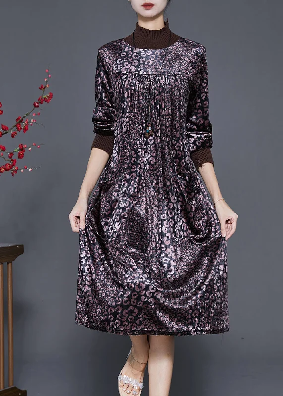 Women Dull Purple High Neck Print Silk Velour Dress Spring Comfortable unclassified dresses