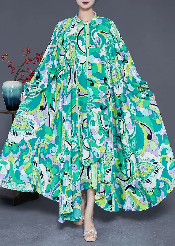 Women Green Asymmetrical Print Chiffon Ankle Dress Spring Bold pattern unclassified dresses