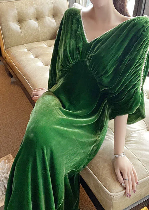 Women Green V Neck Nail Bead Patchwork Wrinkled Velour Dress Spring Dark color unclassified dresses