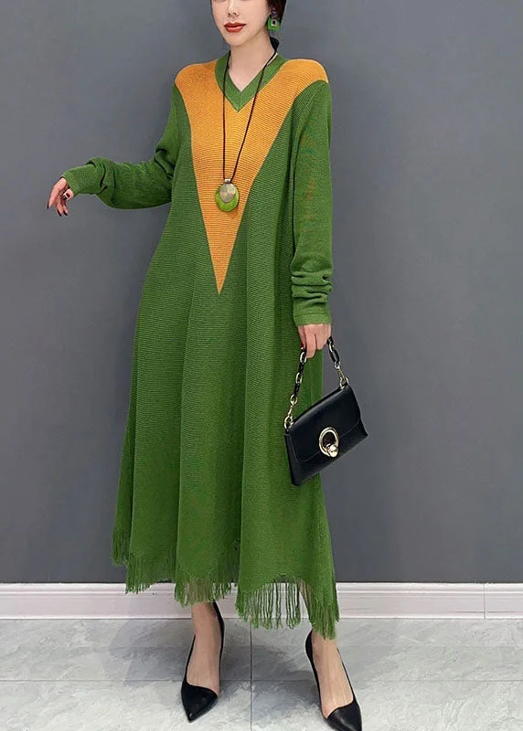 Women Green V Neck Patchwork Knit A Line Dress Spring Discounted unclassified dresses