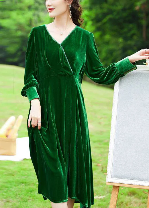 Women Green V Neck Patchwork Silk Velour Holiday Dress Spring Bright color unclassified dresses