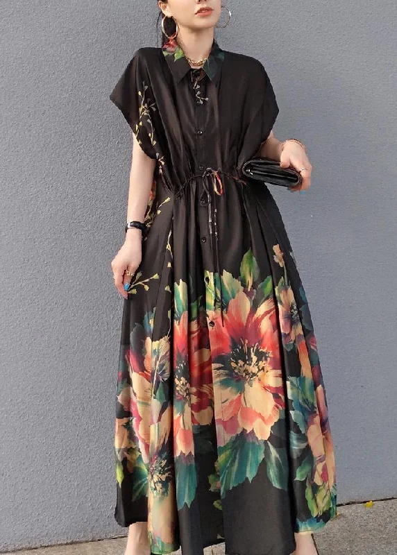 Women Lapel Drawstring Spring Tunic Sleeve Black Print Robe Dresses Lace unclassified dresses