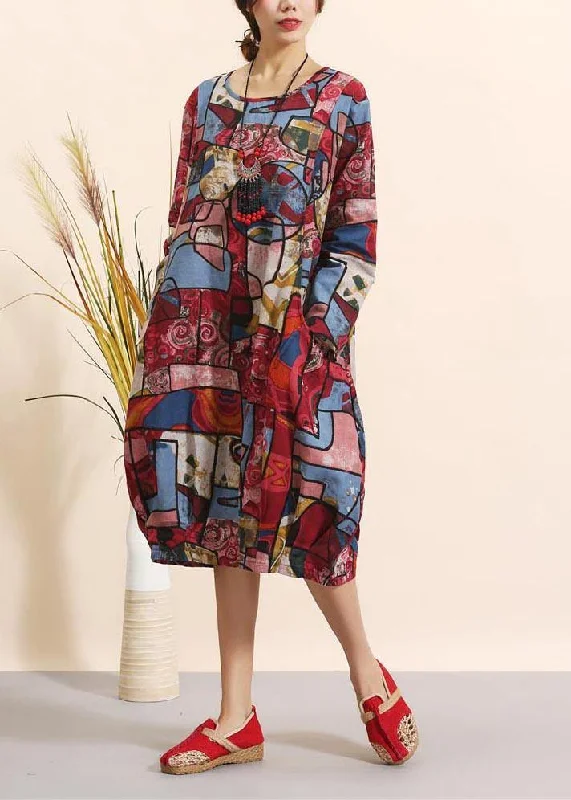 Women O Neck Spring Clothes For Women Pattern Red Geometric Robe Dresses Cotton unclassified dresses