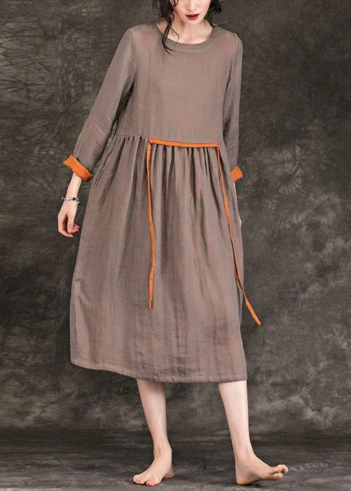 Women o neck tie waist Cinched linen Wardrobes brown Dress spring Comfortable unclassified dresses