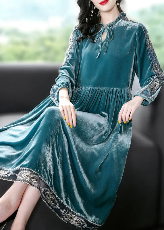 Women Peacock Blue Ruffled Embroidered Patchwork Silk Velour Dress Spring Elegant evening unclassified dresses