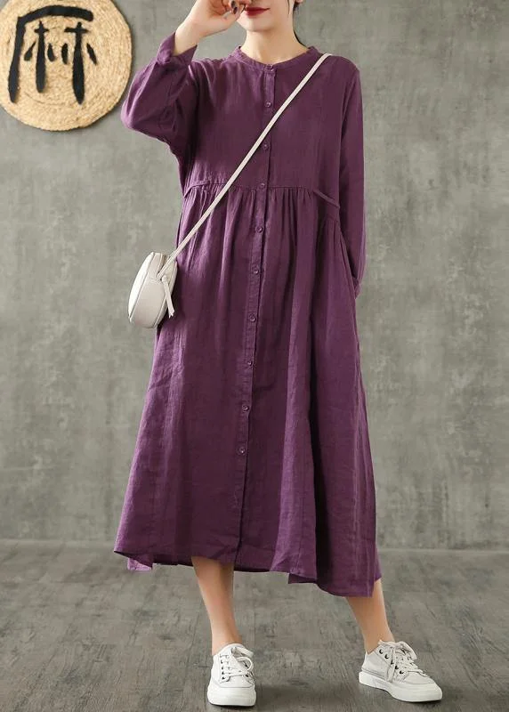 Women purple linen Wardrobes Cinched pockets cotton spring Dress Off-shoulder unclassified dresses