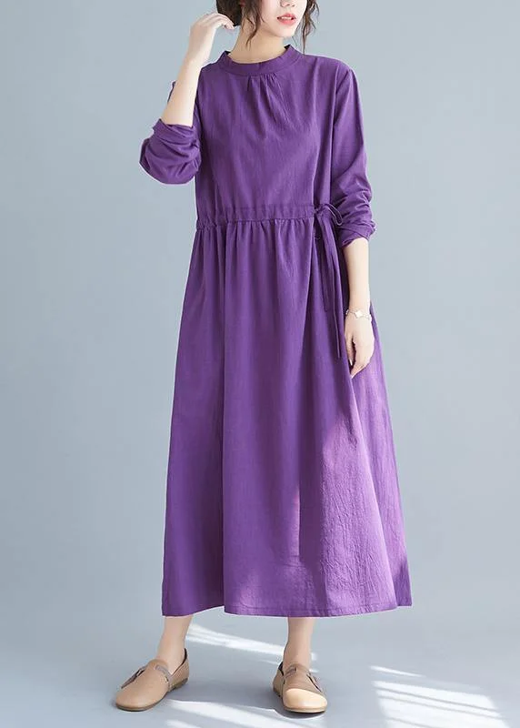 Women Purple Tunics Stand Collar Drawstring Spring Dress Trendy unclassified dresses