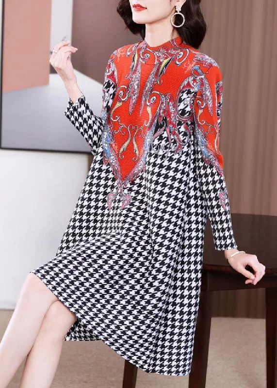 Women Red High Neck Plaid Wrinkled A Line Dress Spring Lounge unclassified dresses