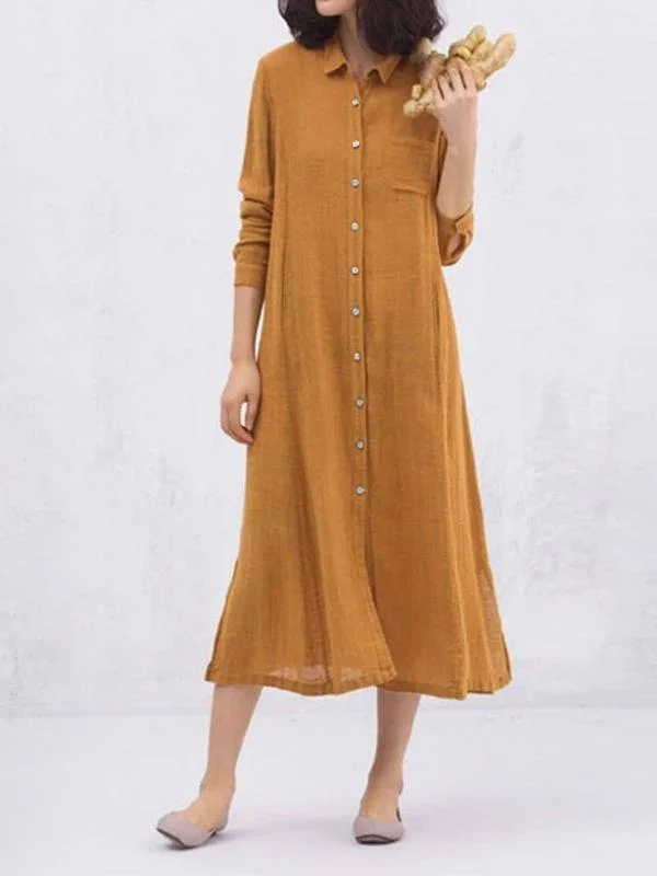 Women yellow cotton clothes lapel Button loose spring Dresses Wrap unclassified dresses