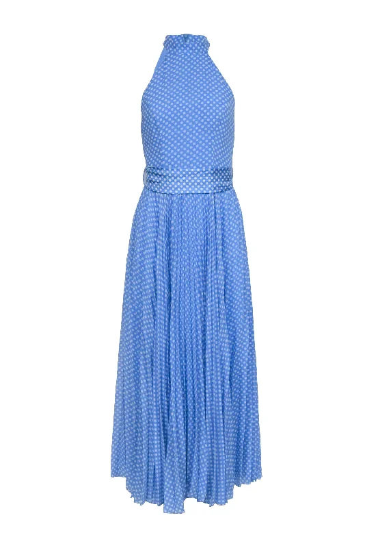 Zimmermann - Blue w/ White Polka Dots High Neck Pleated Bottom Dress Sz 6 Chiffon unclassified dresses