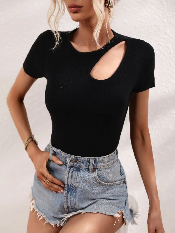 Cutout Round Neck Short Sleeve Knit Top Lace Detail Mini Skirt