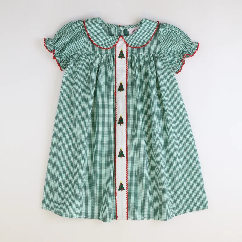 Embroidered Collared Christmas Trees  Dress - Dark Green Mini Gingham Simple Mini Skirt