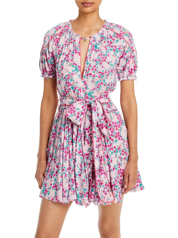 Ivy Womens Floral Print Short Mini Dress Summer Denim Mini