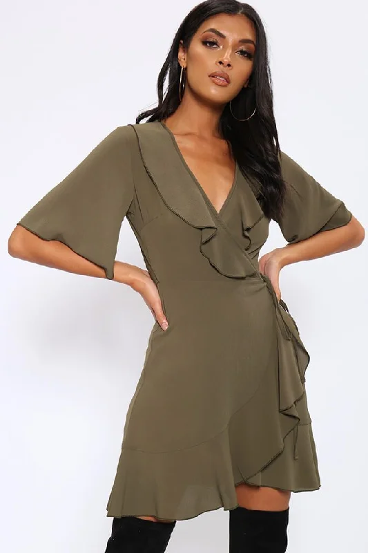 Khaki Ruffle Detail Wrap Mini Dress Pleated Mini Skirt