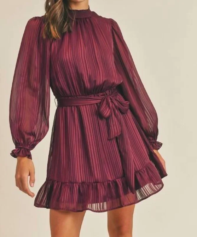 Satin Shadow Striped Mini Dress in Burgundy Plaid Skater Skirt