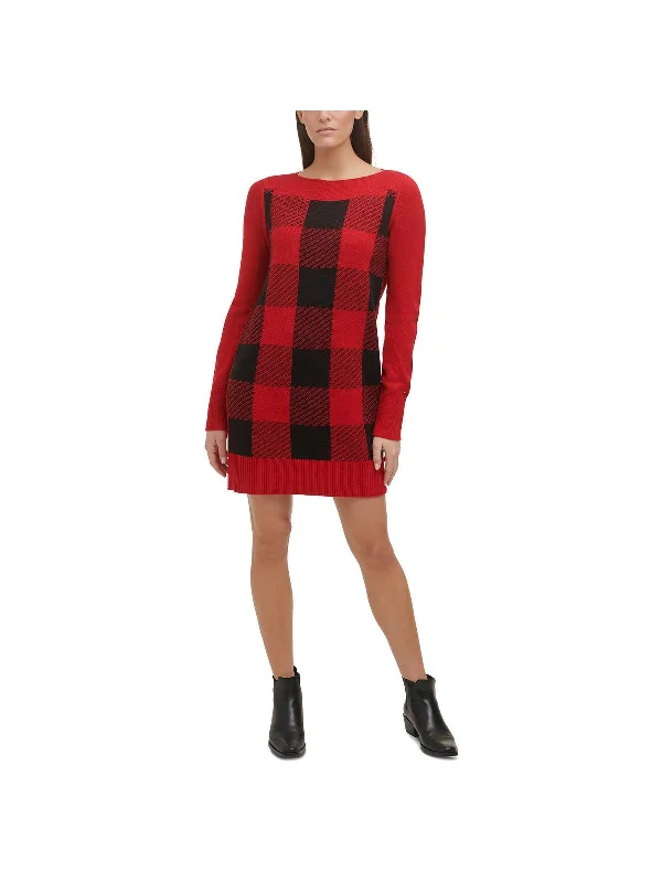 Womens Buffalo Plaid Mini Sweaterdress Button-down Mini Skirt