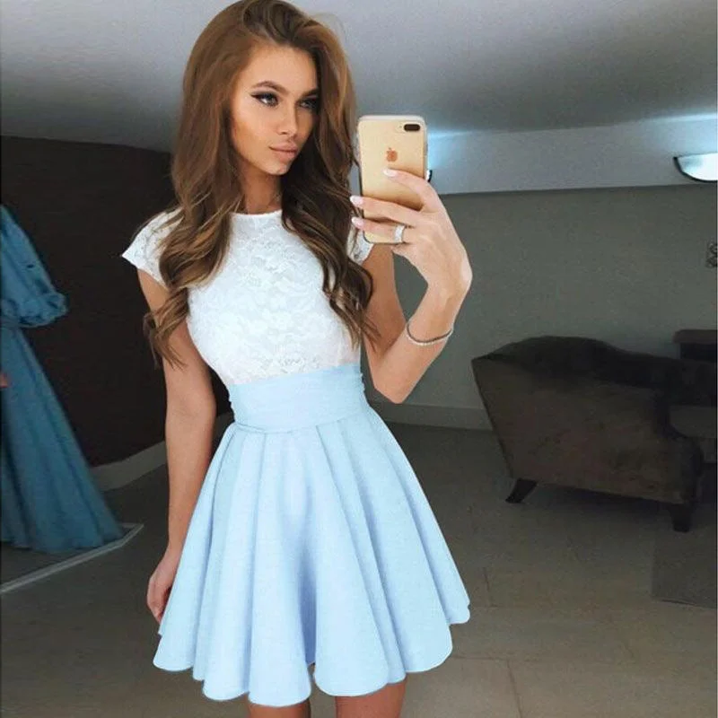 Women's Flare Belt Short Sleeve Dress Skater Mini Skirt