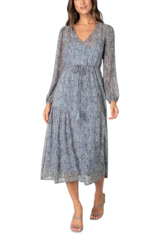 Long Sleeve V-Neck Maxi Dress In Grey/natural Boho Chic Maxi