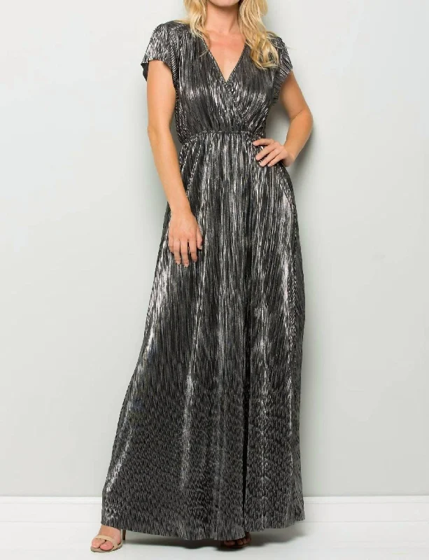 Metallic Pleated Wrap Maxi Dress In Black Soft Ruffled Maxi