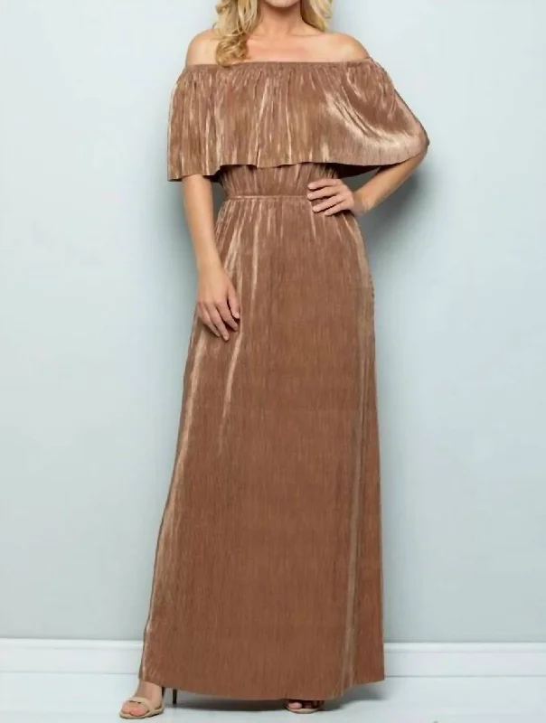 Metallic Ruffle Maxi Dress In Bronze Long Floral Skirt