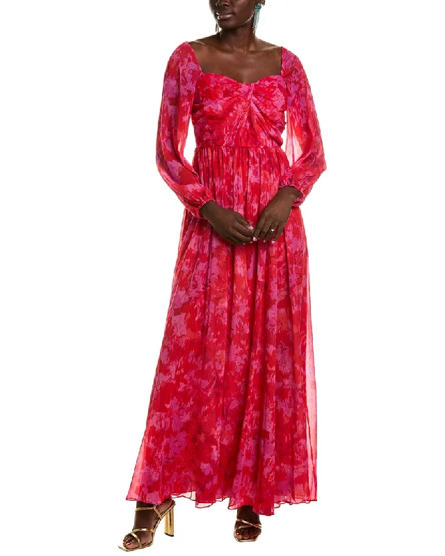 ML Monique Lhuillier Emery Chiffon Maxi Dress Lace Detail Maxi