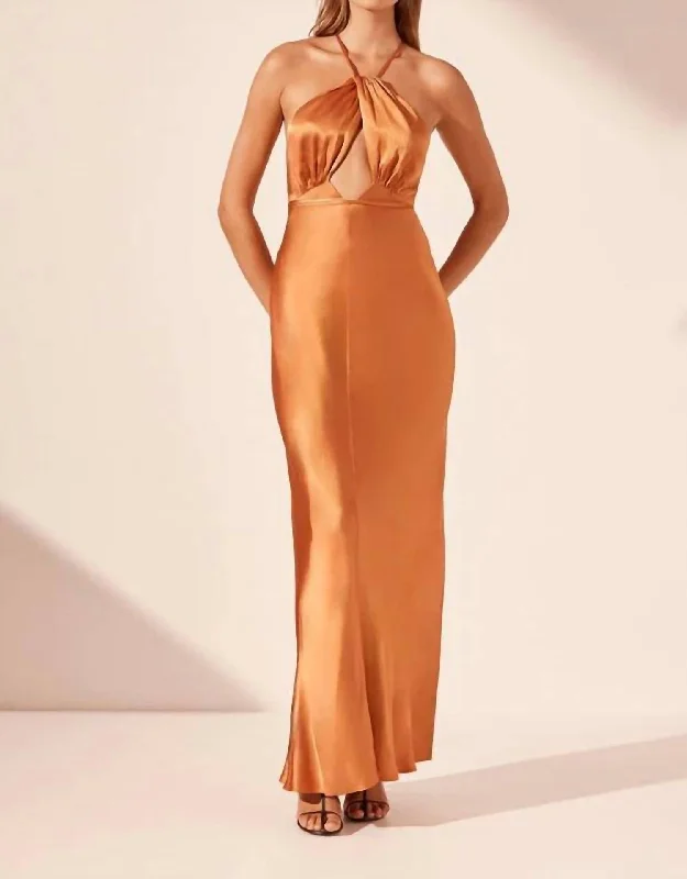 Sofia Cross Back Halter Maxi Dress In Ginger Maxi Skirt Look