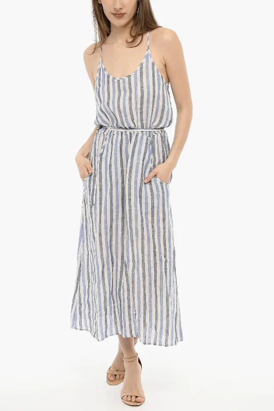 Woolrich Awning Striped Linen Maxi Dress with Belt Flowing Maxi Skirt