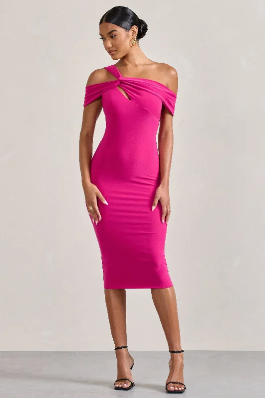 Chain Reaction | Fuchsia Pink Strappy Asymmetric Bodycon Midi Dress Winter Midi Outfit