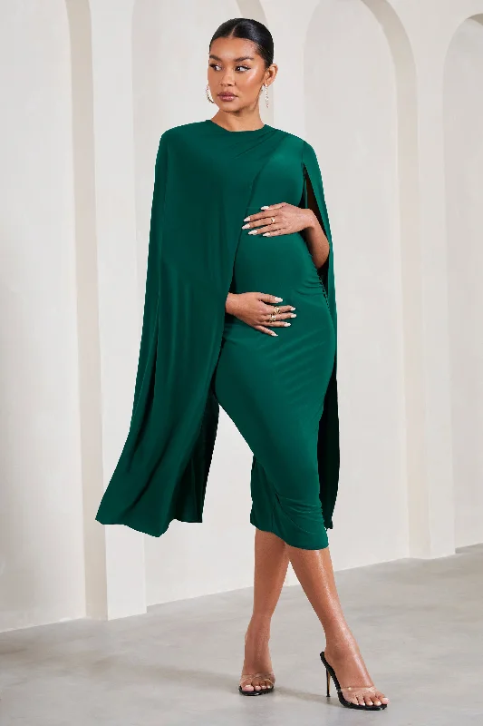 Cloud Nine | Bottle Green Maternity Midi Dress With Cape Sleeves Printed Floral Midi