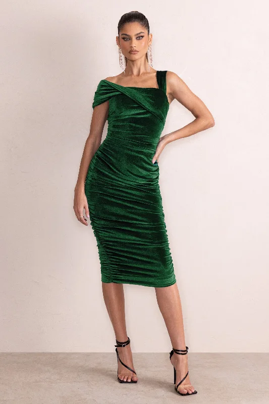 Daniela | Bottle Green Velvet One Shoulder Ruched Midi Dress Bright Midi Skirt