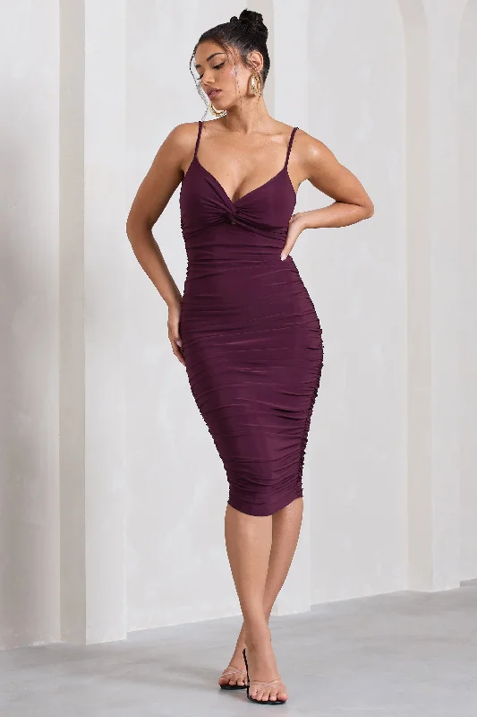 Desired | Plum Ruched Strappy Midi Dress Flared Midi Skirt