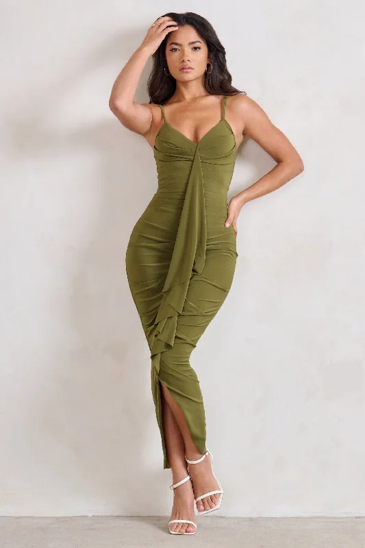 Dorothy | Olive Green Plunge V Neckline Ruffle Midi Dress Cotton Midi Skirt