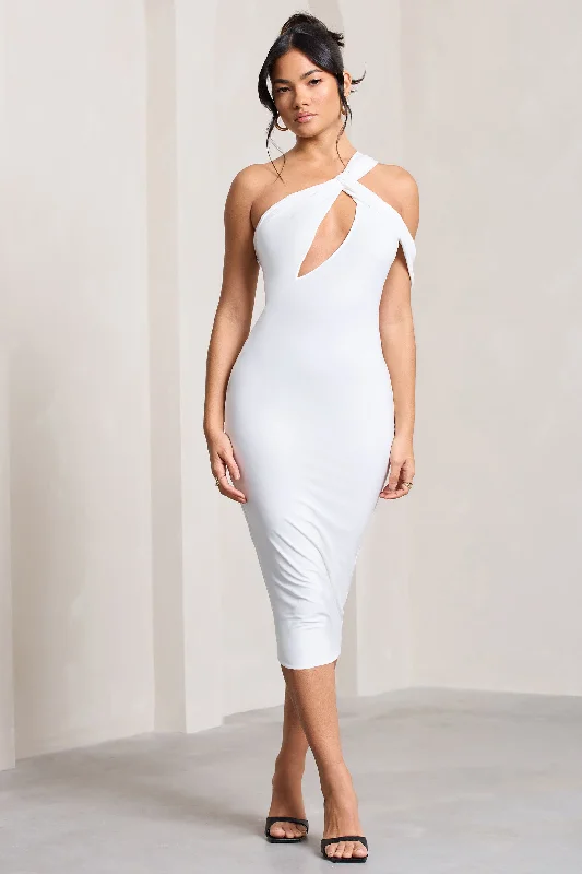 Ella | White Asymmetric Neck Cut Out Midi Dress Soft Wool Midi