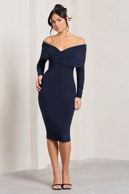 Flatter Me | Navy Twist Front Bardot Midi Dress High-Waisted Midi Skirt