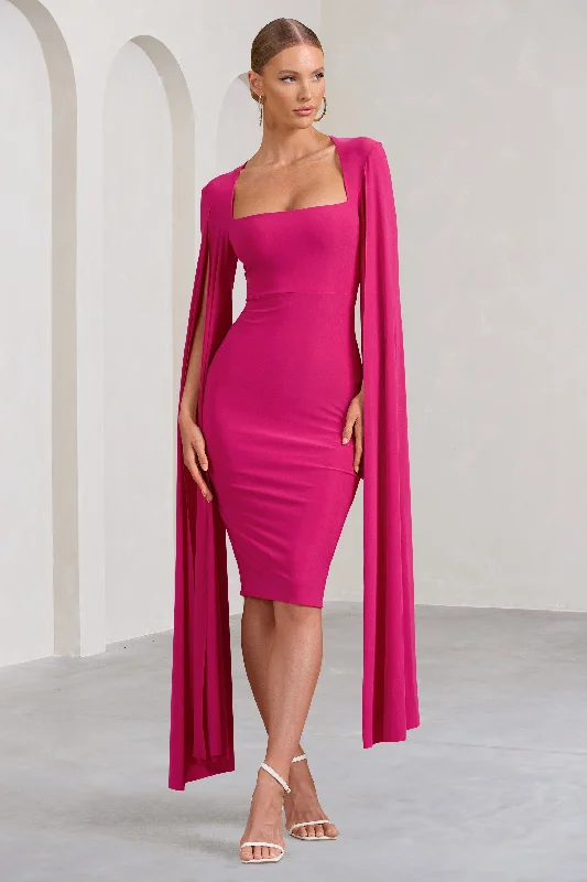 Flawless | Hot Pink Square Neck Midi Dress With Cape Sleeves Structured Midi Skirt