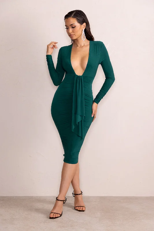 Inspirational | Bottle Green Plunge Neck Long Sleeves Ruched Midi Dress With Drape Detail Button Midi Skirt